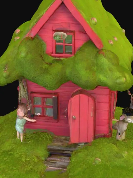 3D model for Immediately, without opening her eyes, Wendy began to sing: ‘I wish I had a pretty house, The littlest ever seen, With funny little red walls And roof of mossy green.’ They gurgled with joy at this, for by the greatest good luck the branches they had brought were sticky with red sap, and all the ground was carpeted with moss. As they rattled up the little house they broke into song themselves: