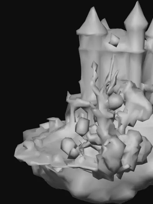 3D model for The enchanted prison was a large high tower in the midst of the sea, built of shells of all shapes and colours. The lower floor was like a great bathroom, where the water was let in or off at will. The first floor contained the princess’s apartments, beautifully furnished. On the second was a library, a large wardrobe-room filled with beautiful clothes and every kind of linen, a music room, a pantry with bins full of the best wines, and a store-room with all manner of preserves, bonbons, pastry and cakes, all of which remained as fresh as if just out of the oven. The top of the tower was laid out like a garden, with beds of the loveliest flowers, fine fruit trees, and shady arbours and shrubs, where many birds sang amongst the branches.