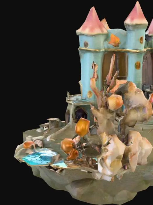 3D model for The enchanted prison was a large high tower in the midst of the sea, built of shells of all shapes and colours. The lower floor was like a great bathroom, where the water was let in or off at will. The first floor contained the princess’s apartments, beautifully furnished. On the second was a library, a large wardrobe-room filled with beautiful clothes and every kind of linen, a music room, a pantry with bins full of the best wines, and a store-room with all manner of preserves, bonbons, pastry and cakes, all of which remained as fresh as if just out of the oven. The top of the tower was laid out like a garden, with beds of the loveliest flowers, fine fruit trees, and shady arbours and shrubs, where many birds sang amongst the branches.