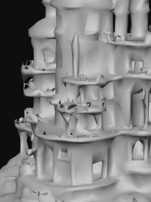 3D model for The enchanted prison was a large high tower in the midst of the sea, built of shells of all shapes and colours. The lower floor was like a great bathroom, where the water was let in or off at will. The first floor contained the princess’s apartments, beautifully furnished. On the second was a library, a large wardrobe-room filled with beautiful clothes and every kind of linen, a music room, a pantry with bins full of the best wines, and a store-room with all manner of preserves, bonbons, pastry and cakes, all of which remained as fresh as if just out of the oven. The top of the tower was laid out like a garden, with beds of the loveliest flowers, fine fruit trees, and shady arbours and shrubs, where many birds sang amongst the branches.