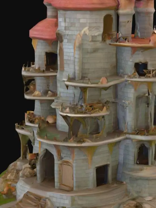 3D model for The enchanted prison was a large high tower in the midst of the sea, built of shells of all shapes and colours. The lower floor was like a great bathroom, where the water was let in or off at will. The first floor contained the princess’s apartments, beautifully furnished. On the second was a library, a large wardrobe-room filled with beautiful clothes and every kind of linen, a music room, a pantry with bins full of the best wines, and a store-room with all manner of preserves, bonbons, pastry and cakes, all of which remained as fresh as if just out of the oven. The top of the tower was laid out like a garden, with beds of the loveliest flowers, fine fruit trees, and shady arbours and shrubs, where many birds sang amongst the branches.