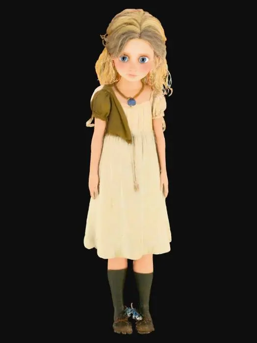 3D model for 'That evening,' said the fisherman, 'my wife and I sat by our hearth in silence, we were too sad for words. Suddenly the door of our cottage flew open, and there before us,[1] on the threshold, stood a little maiden, three or four years of age. Her eyes were blue and her hair was gold and she was clothed in beautiful garments. 'We gazed in wonder at the tiny vision. Was she only a magic child come to mock us in our loneliness, or was she a real, a living child? 'Then as we looked we saw that water trickled from her golden hair and that little streams were gathering at her tiny feet, as the water dripped and dripped from her beautiful clothing.  all we can to help this little one." Her eyes danced merrily. But her only answer was some childish talk of crystal palaces and shining pearls.
