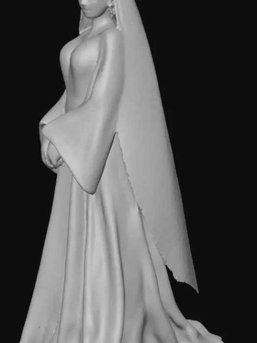 3D model for “I wish you to be attired as befits your rank and beauty.” And immediately the Princess’s cotton dress became a magnificent robe of silver brocade embroidered with carbuncles, and her soft dark hair was encircled by a crown of diamonds, from which floated a clear white veil. With her bright eyes, and the charming color in her cheeks, she was altogether such a dazzling sight that the Prince could hardly bear it.