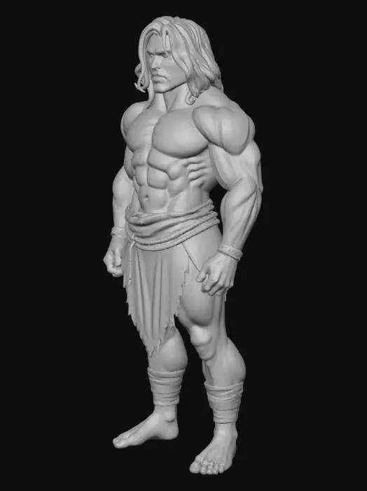 3D model for low poly, human main character,  fantasy, simple,  fit, muscular,no weapons, no armor just plain black deerhide modest loincloth

Piercing grey eyes 
Scar running from ear to top of forehead on the other side

Square jaw

Man! It's a man



Black shoulder length hair with bangs cut to not obscure vision