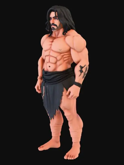 3D model for low poly, human main character,  fantasy, simple,  fit, muscular,no weapons, no armor just plain black deerhide modest loincloth

Piercing grey eyes 
Scar running from ear to top of forehead on the other side

Square jaw

Man! It's a man



Black shoulder length hair with bangs cut to not obscure vision