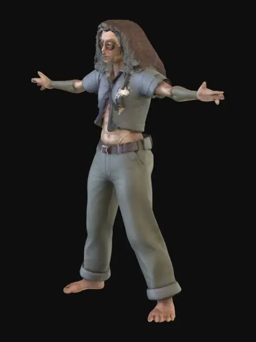 3D model for Godfather Drosselmayer, a medical counselor, was anything but handsome. He was gaunt, five feet eight inches tall, and quite stooped, so that if he dropped his handkerchief, he could scarcely bend down to pick it up despite his long legs. His face was as wrinkled as a rennet that has suffered an April frost. In lieu of his right eye he wore a big, black patch. He was totally bald, a disadvantage he countered by wearing a grassy, curly periwig—a highly ingenious device of his own composition made of spun glass. In regard to this respectable headgear, he was forced to keep his hat under his arm nonstop. His remaining eye was alive and brilliant.