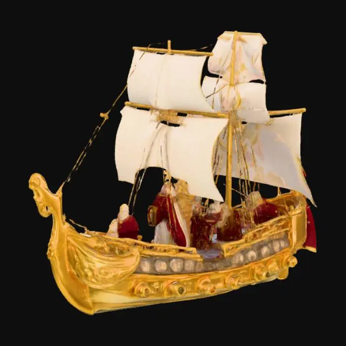 3D model for “Prepare a splendid ship in which I may continue my journey. Let the hull be of fine gold, the masts of silver, the sails of brocade; let the crew consist of twelve young men of noble appearance, dressed like kings. St. Nicholas will be at the helm. As to the cargo, let it be diamonds, rubies, emeralds, and carbuncles.