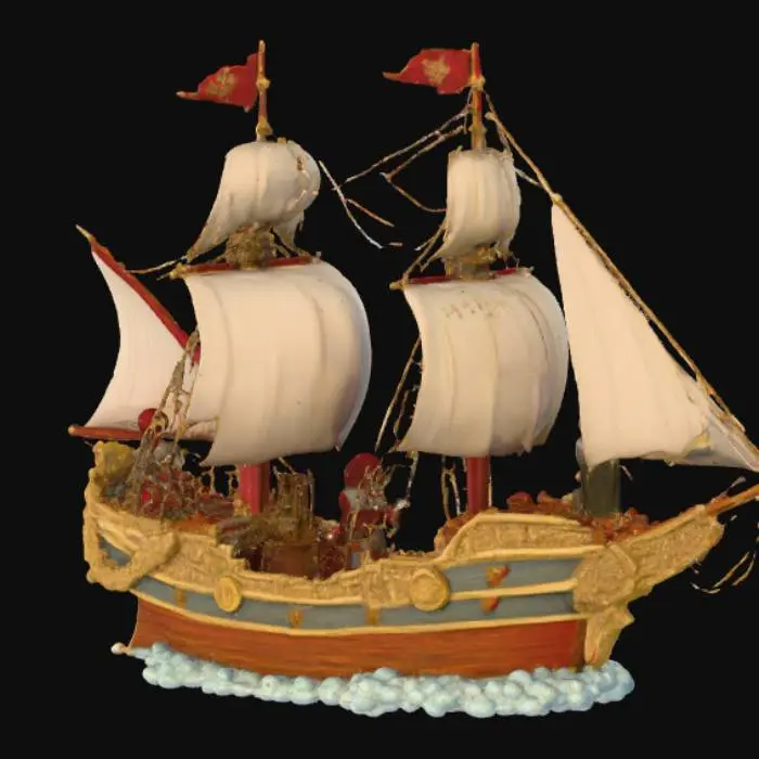 3D model for “Prepare a splendid ship in which I may continue my journey. Let the hull be of fine gold, the masts of silver, the sails of brocade; let the crew consist of twelve young men of noble appearance, dressed like kings. St. Nicholas will be at the helm. As to the cargo, let it be diamonds, rubies, emeralds, and carbuncles.
