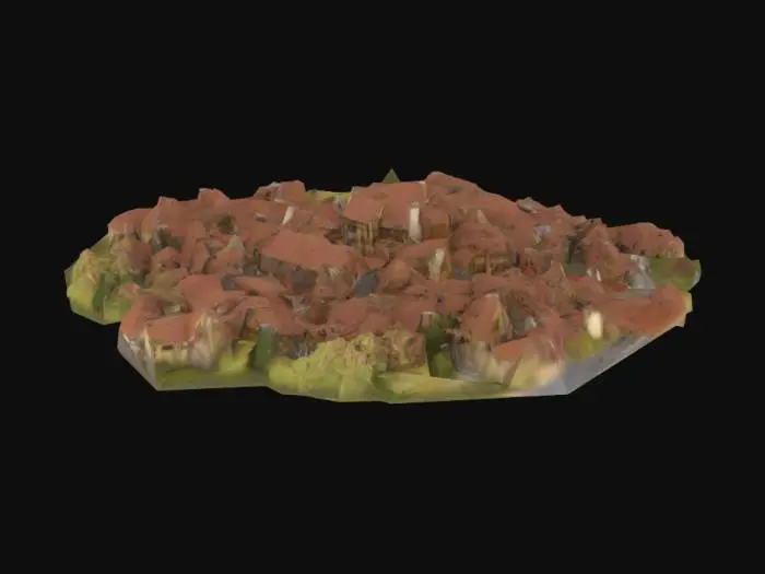 3D model for A small realistic cozy and peaceful european medieval tudor style town with various buildings in this style and colour scheme, but not all identical shapes or building types. Ultra realistic. Polished.