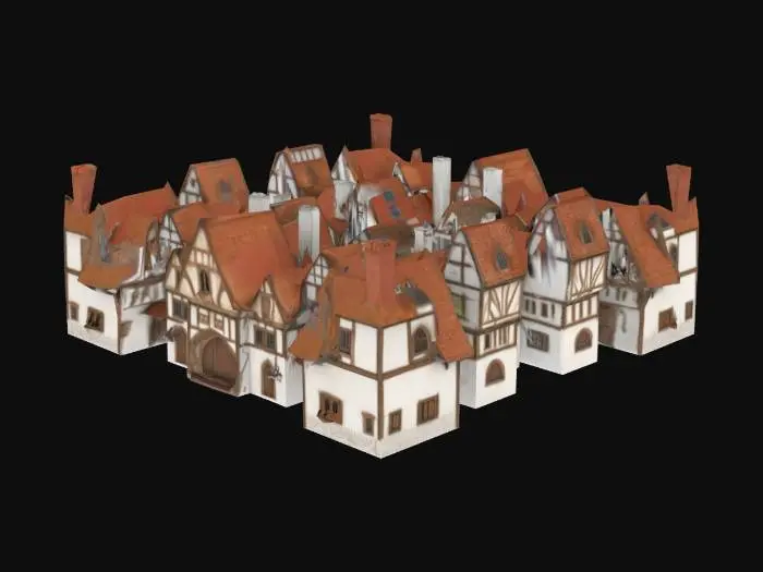 3D model for Ultra Realistic, Stylized, Medieval, Vintage. A small realistic cozy and peaceful european medieval tudor style town with various white and buildings with brown roofs and wood, in this style and colour scheme, but not all identical shapes or building types. do not include a castle.  Polished.