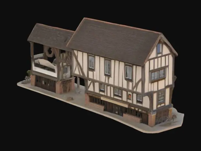 3D model for mostly white medieval tudor style house. ultra realistic.