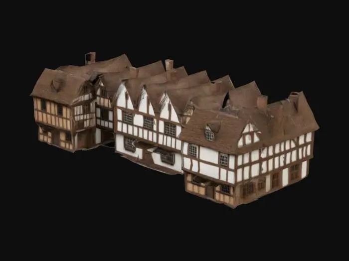 3D model for european tudor village wirh detachable houses and buildings, textured brown and white
