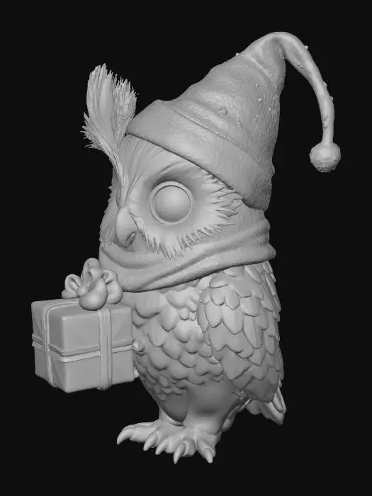 3D model for An owl wearing a New Year's hat. Behind it is a small bag of gifts. Low-poly model, realistic textures, high detail., #Christmas2025#