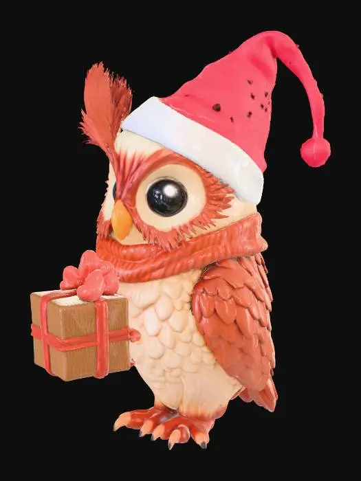 3D model for An owl wearing a New Year's hat. Behind it is a small bag of gifts. Low-poly model, realistic textures, high detail., #Christmas2025#