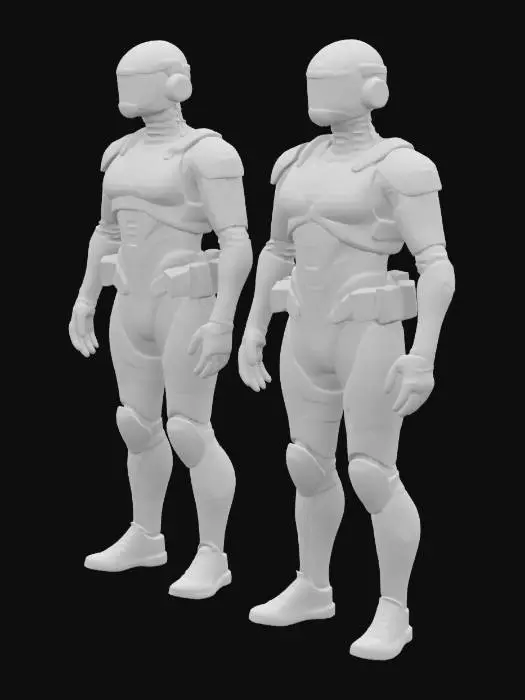 3D model for Rendered in Octane with striking hyper-realism, this 3D model presents two full-body Venezuelan soldiers—a composed male and female operative—standing side by side with a subtle gap, both facing forward in a confident, disciplined manner, their arms relaxed naturally at their sides. Each figure is encased in an advanced exo-suit that masterfully merges the gritty, functional pragmatism of *Ghost Recon Advanced Warfighter* with the sleek, semi-realistic futurism.