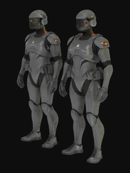 3D model for Rendered in Octane with striking hyper-realism, this 3D model presents two full-body Venezuelan soldiers—a composed male and female operative—standing side by side with a subtle gap, both facing forward in a confident, disciplined manner, their arms relaxed naturally at their sides. Each figure is encased in an advanced exo-suit that masterfully merges the gritty, functional pragmatism of *Ghost Recon Advanced Warfighter* with the sleek, semi-realistic futurism.