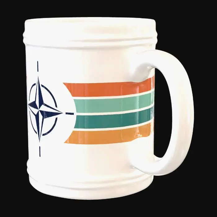 3D model for create a mug with the logo of NATO, with 70s style, using also strips similar to space and 70s minimalism