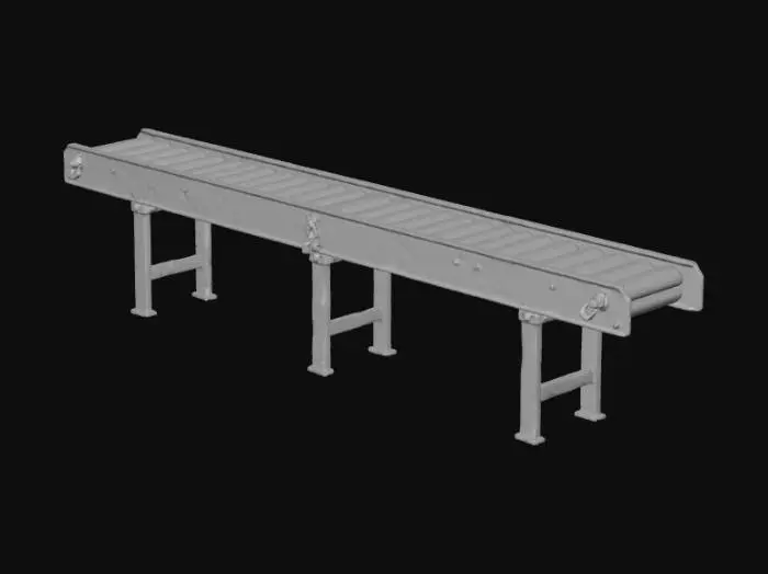 3D model for Create a clean, manufacturable 3D model of an industrial conveyor belt inspired by modern packaging lines. The belt should feature rollers (green and yellow), side metallic frames, and support legs.
Dimensions scaled to approximately 31 mm × 20 mm floor coverage (one-fourth of a 125 × 80 mm floor).
Use simplified solid geometry (no textures) suitable for CAD analysis and SolidWorks assembly use.
Export as .STEP or .IGES format with correct physical scaling.