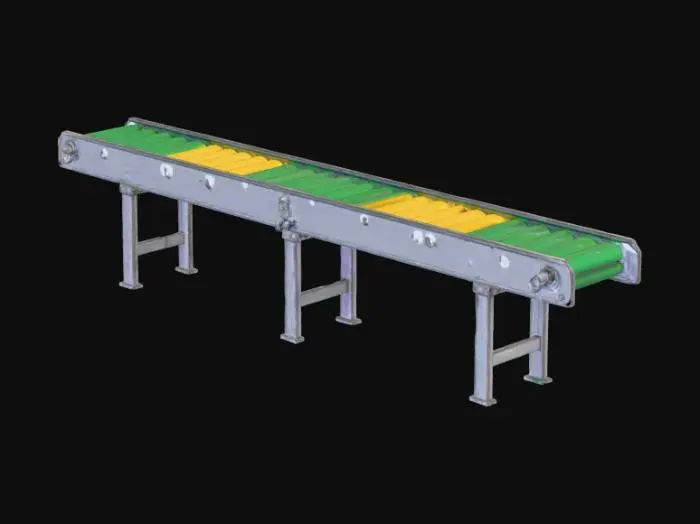 3D model for Create a clean, manufacturable 3D model of an industrial conveyor belt inspired by modern packaging lines. The belt should feature rollers (green and yellow), side metallic frames, and support legs.
Dimensions scaled to approximately 31 mm × 20 mm floor coverage (one-fourth of a 125 × 80 mm floor).
Use simplified solid geometry (no textures) suitable for CAD analysis and SolidWorks assembly use.
Export as .STEP or .IGES format with correct physical scaling.