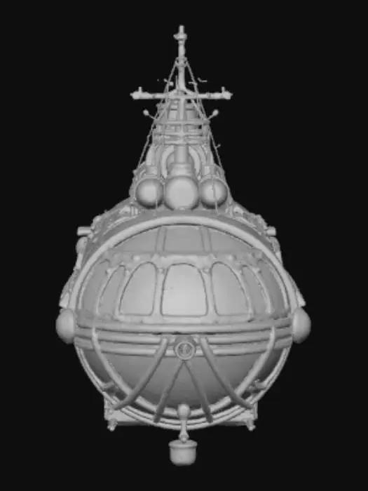 3D model for Стилизованный дирижабль в стиле стимпанк, латунь, состаренное дерево, матовое стекло, освещение в стиле 'золотого часа', объемные лучи света, изометричный вид, рендер в Octane