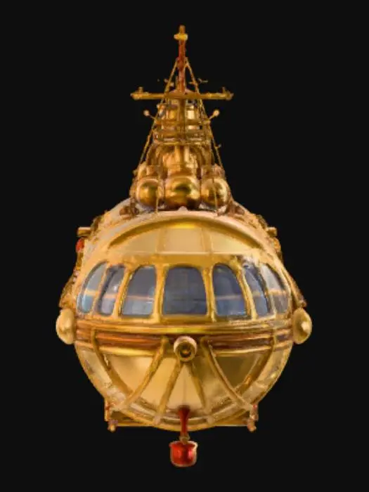 3D model for Стилизованный дирижабль в стиле стимпанк, латунь, состаренное дерево, матовое стекло, освещение в стиле 'золотого часа', объемные лучи света, изометричный вид, рендер в Octane