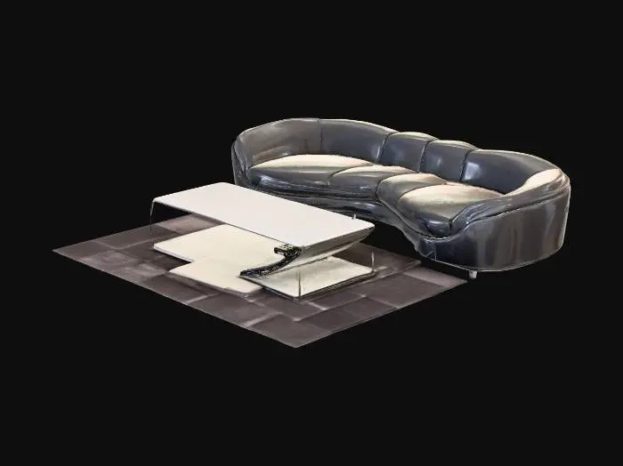 3D model for Luxury showroom sofa set, sleek black leather, modern coffee table with glass top, futuristic minimal style.

