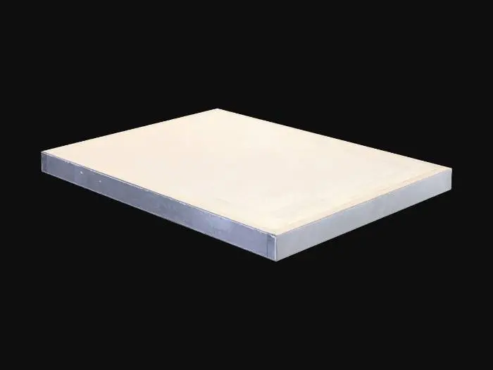 3D model for Futuristic showroom ceiling light, rectangular LED panels, bright white glow, metallic frame.

