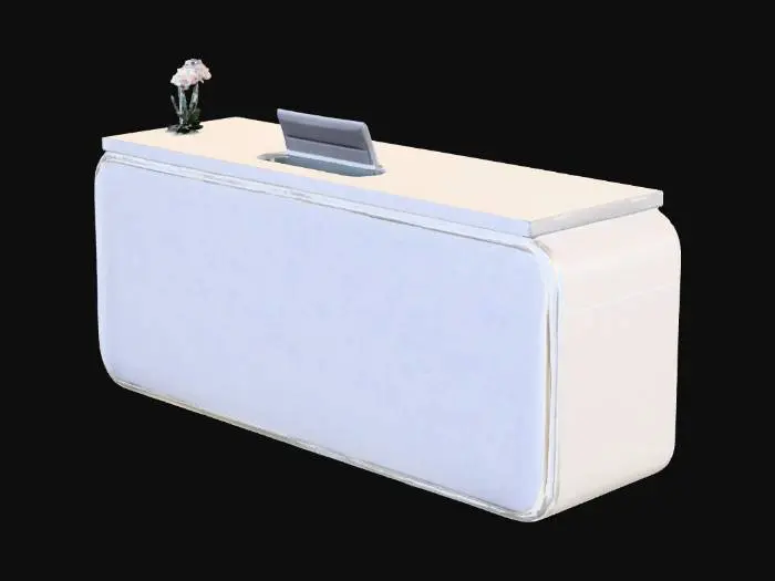 3D model for A futuristic reception desk for a car showroom, white glossy finish, LED lights on edges, modern design.


