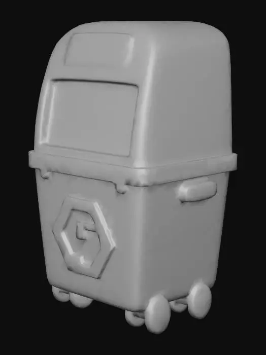 3D model for A colorful cartoon-style recycling machine designed for a Roblox simulator game. The machine has a rounded, friendly shape with smooth surfaces, no realistic textures, and bright flashy colors like green, blue, and yellow. A large recycling logo is clearly visible on the front. The recycleur has a big glowing slot where players throw items, small lights, stylized bolts, and simple geometric details. Overall design should be cute, vibrant, non-realistic, and optimized for low-poly game assets.