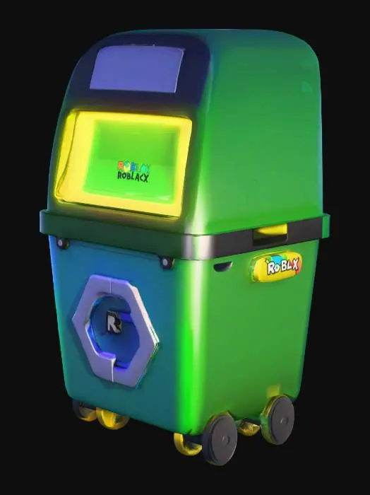 3D model for A colorful cartoon-style recycling machine designed for a Roblox simulator game. The machine has a rounded, friendly shape with smooth surfaces, no realistic textures, and bright flashy colors like green, blue, and yellow. A large recycling logo is clearly visible on the front. The recycleur has a big glowing slot where players throw items, small lights, stylized bolts, and simple geometric details. Overall design should be cute, vibrant, non-realistic, and optimized for low-poly game assets.