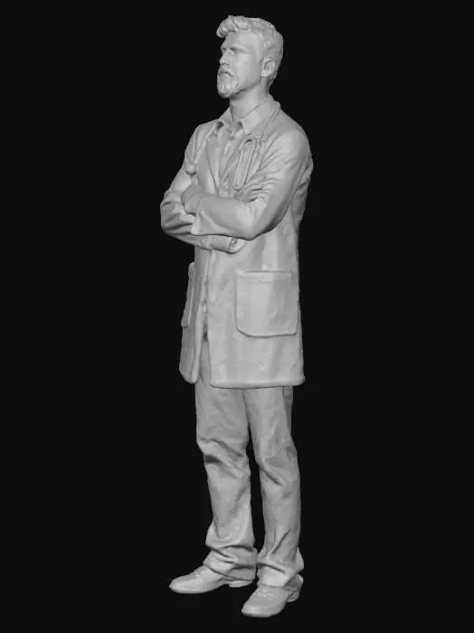 3D model for Hyper-realistic 3D model of an adult male doctor standing with arms crossed. Wearing a white medical coat, light blue dress shirt, dark pants, and clean professional shoes. Stethoscope hanging around the neck. Neutral but confident facial expression. Looking slightly upward, as if analyzing something thoughtfully. Realistic human proportions, natural skin texture, detailed facial features, and professional hairstyle. High-resolution PBR textures, clean topology, realistic lighting, and accurate anatomy. Full-body model, standing pose, no distortions, no exaggerated proportions. high-quality hands and facial detail, no deformities. ultra-realistic human detail, photorealistic textures