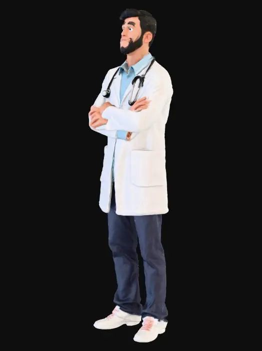 3D model for Hyper-realistic 3D model of an adult male doctor standing with arms crossed. Wearing a white medical coat, light blue dress shirt, dark pants, and clean professional shoes. Stethoscope hanging around the neck. Neutral but confident facial expression. Looking slightly upward, as if analyzing something thoughtfully. Realistic human proportions, natural skin texture, detailed facial features, and professional hairstyle. High-resolution PBR textures, clean topology, realistic lighting, and accurate anatomy. Full-body model, standing pose, no distortions, no exaggerated proportions. high-quality hands and facial detail, no deformities. ultra-realistic human detail, photorealistic textures