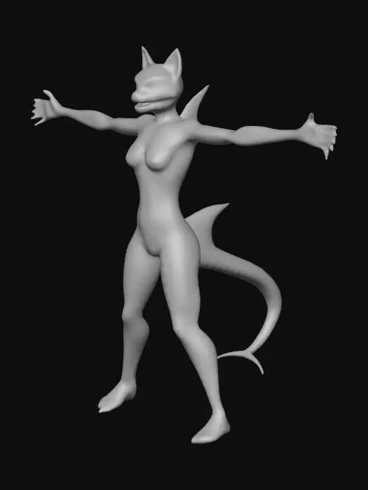 3D model for A VRChat reference sheet of a female shark–cat hybrid in T-pose, showing front, side, back, and a head close-up. She has sleek black skin with vivid red accents, striped red-and-black tail, pointed cat ears, glowing orange eyes, serrated teeth, and spiked black dorsal-fin hair. Her build is lean yet feminine with an agile silhouette. Style is semi-realistic VRChat avatar design with smooth shading, clean geometry, and PBR-like textures. Include a small color palette (black, red, orange) and notes for blendshapes (blink, smile, snarl). Optional outfit: hoodie or streetwear.