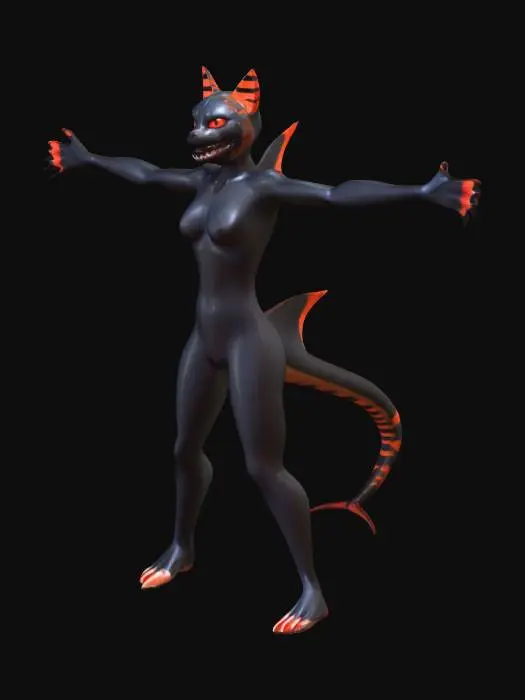 3D model for A VRChat reference sheet of a female shark–cat hybrid in T-pose, showing front, side, back, and a head close-up. She has sleek black skin with vivid red accents, striped red-and-black tail, pointed cat ears, glowing orange eyes, serrated teeth, and spiked black dorsal-fin hair. Her build is lean yet feminine with an agile silhouette. Style is semi-realistic VRChat avatar design with smooth shading, clean geometry, and PBR-like textures. Include a small color palette (black, red, orange) and notes for blendshapes (blink, smile, snarl). Optional outfit: hoodie or streetwear.