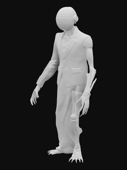 3D model for 
A towering, emaciated humanoid wrapped in a sleek, synthetic "business suit" fused to its flesh. Its head is a featureless, black reflective dome, like a corporate security camera, but occasionally, distorted glimpses of human faces flicker across it—whispers of past victims. The Auditor moves unnervingly smooth, gliding on elongated, skeletal limbs that end in claw-like "compliance tools"—surgical instruments repurposed for punishment.