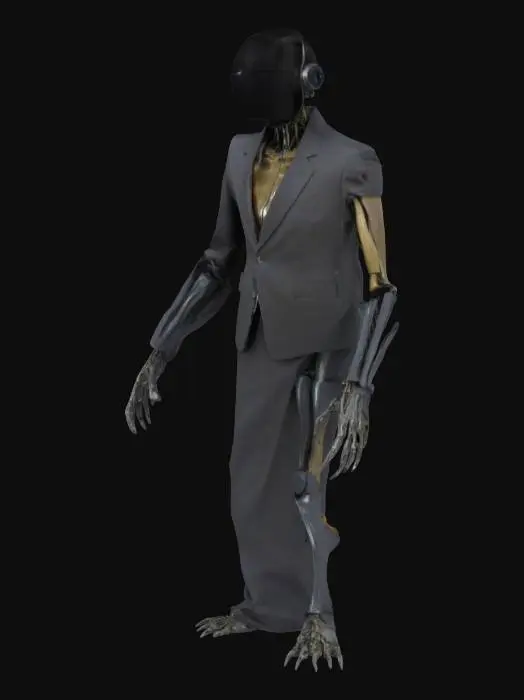 3D model for 
A towering, emaciated humanoid wrapped in a sleek, synthetic "business suit" fused to its flesh. Its head is a featureless, black reflective dome, like a corporate security camera, but occasionally, distorted glimpses of human faces flicker across it—whispers of past victims. The Auditor moves unnervingly smooth, gliding on elongated, skeletal limbs that end in claw-like "compliance tools"—surgical instruments repurposed for punishment.