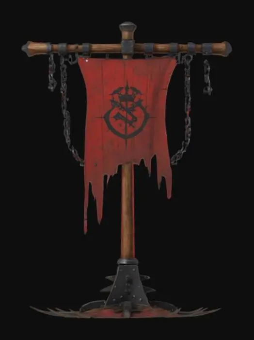 3D model for A stylized medieval war banner stand with a rugged, battle-worn design. The structure consists of a thick wooden post reinforced with jagged black metal plates and spikes. A tattered red banner with a dark emblem hangs from a sturdy wooden crossbeam, secured by heavy metal chains. The base is reinforced with sharp, uneven black metal, giving it a brutal, fortress-like appearance. The overall design is dark, powerful, and fitting for a fantasy or war-torn setting.