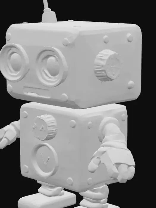 3D model for Create a small, vintage-style robot with a boxy body and head. The robot should look mechanical and old-fashioned, not too futuristic. It has large, round eyes, a small antenna on its head, and simple jointed arms with claw-like hands. There’s a round analog gauge or dial on its chest. The metal should look worn or slightly rusty, in warm brown or brass tones. Make it look cute and curious, like an early steampunk-inspired helper robot.