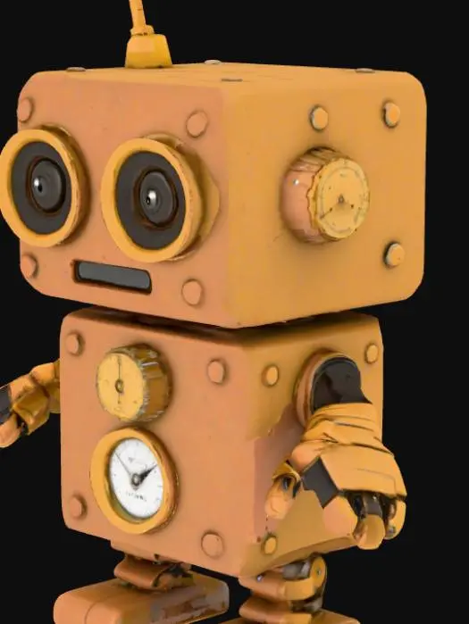 3D model for Create a small, vintage-style robot with a boxy body and head. The robot should look mechanical and old-fashioned, not too futuristic. It has large, round eyes, a small antenna on its head, and simple jointed arms with claw-like hands. There’s a round analog gauge or dial on its chest. The metal should look worn or slightly rusty, in warm brown or brass tones. Make it look cute and curious, like an early steampunk-inspired helper robot.