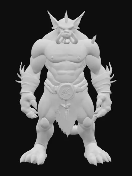 3D model for A highly detailed fantasy monster model with a massive, muscular body and rough, pale green skin covered in dark green scales and black spots. It has a fierce face with glowing yellow eyes, sharp tusks, and pointed ears. The creature wears weathered silver wristbands and a dark brown fur loincloth with a metal belt. Its large hands and feet have sharp, dark claws, giving it a powerful and battle-ready appearance
