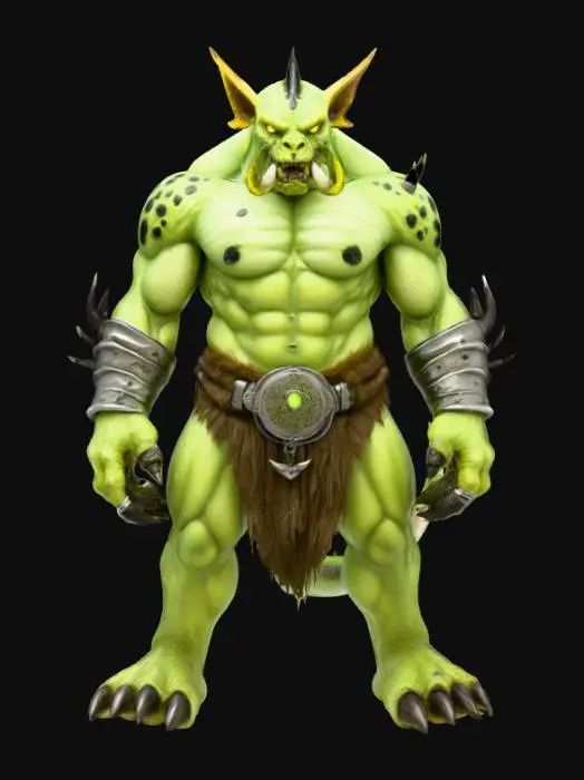 3D model for A highly detailed fantasy monster model with a massive, muscular body and rough, pale green skin covered in dark green scales and black spots. It has a fierce face with glowing yellow eyes, sharp tusks, and pointed ears. The creature wears weathered silver wristbands and a dark brown fur loincloth with a metal belt. Its large hands and feet have sharp, dark claws, giving it a powerful and battle-ready appearance