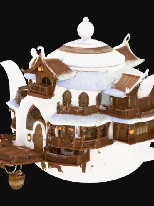 3D model for A whimsical floating tea house shaped like a giant porcelain teapot, suspended in the clouds with wooden bridges connecting to smaller teacup-shaped rooms, detailed with ornate carvings, hanging lanterns, and steam drifting from the spout. Highly detailed textures, realistic materials, and designed for 3D printing and game asset use.