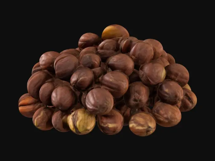 3D model for numerous small, cocoa beans with a slightly rough and textured brown surface