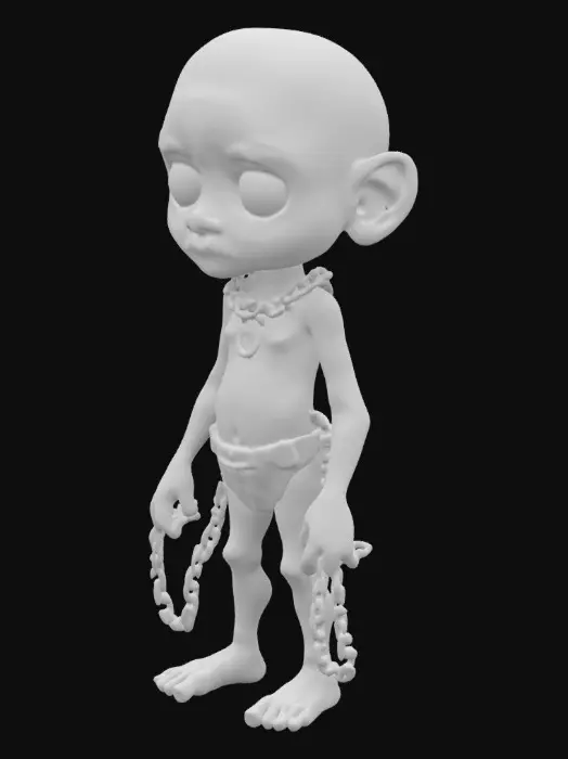 3D model for sad, skinny, bald child with chains hanging around their body.