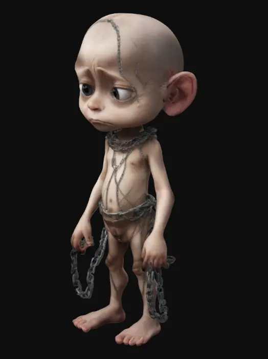 3D model for sad, skinny, bald child with chains hanging around their body.