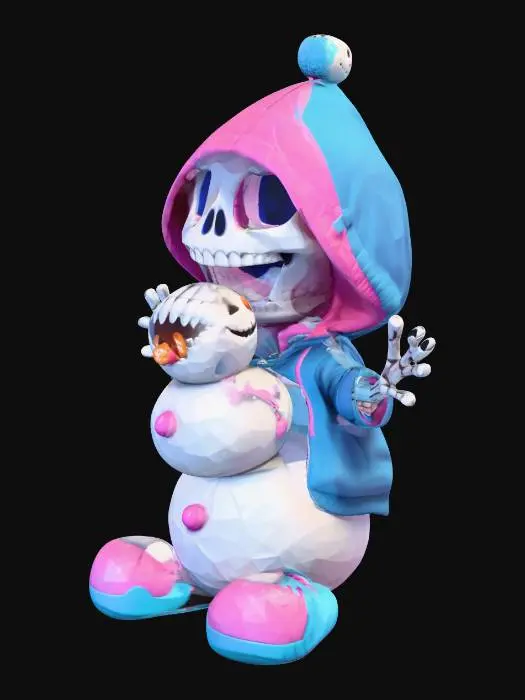 3D model for Low-poly 3D render, cartoon style. A smiling skeleton in a blue hoodie and pink slippers gleefully bites into a classic three-ball snowman. Playful, humorous, soft lighting, vibrant colors.