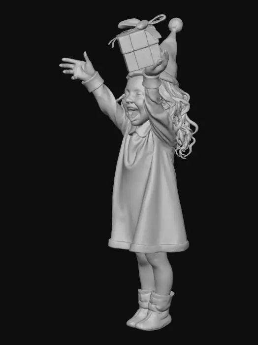 3D model for a cute little elf dressed up charismas  with big eyes smile Pinkesh cheeks holding a present upwards to you #Christmas2025#