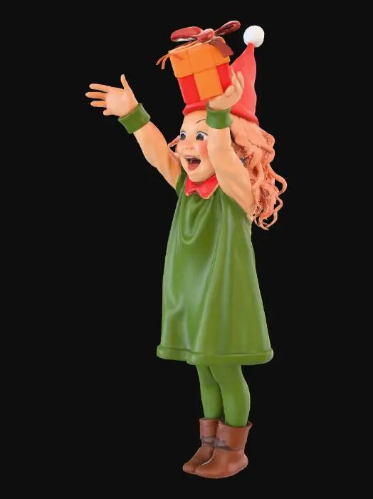 3D model for a cute little elf dressed up charismas  with big eyes smile Pinkesh cheeks holding a present upwards to you #Christmas2025#