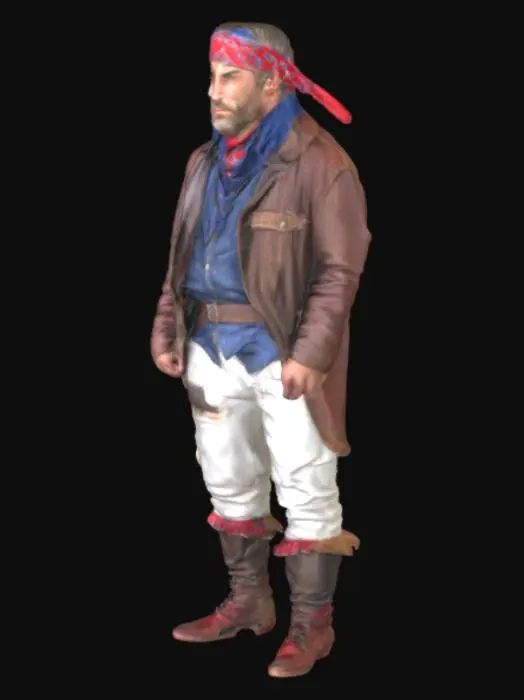 3D model for un uomo robusto con una bandana di colore rosso e blu anche i vestiti rosso e blu stille 1700 con una giacchetta di pelle sporca e pantaloni bianchi sporchi 