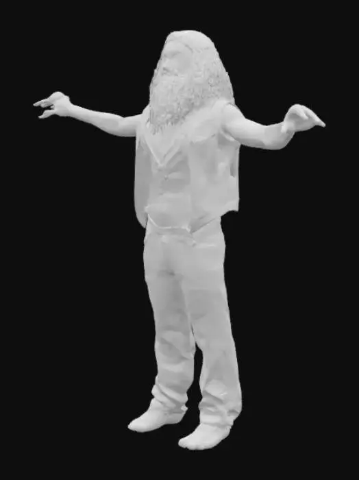 3D model for Uomo adulto, età 35-40 anni, corporatura robusta e muscolosa, altezza media (circa 1,80 m). Pelle abbronzata dal sole, braccia forti con vene visibili, mani grandi e dita callose. Petto largo e torace definito. Gambe potenti e leggermente arcuate, piedi in posizione neutra. Capelli lunghi, neri e mossi fino alle spalle. Barba folta e irregolare, leggermente arruffata, con un cammicia sporca e una giacca piccola in pelle sempre sporca e dei pantaloni bianchi sporchi, T-pose classica